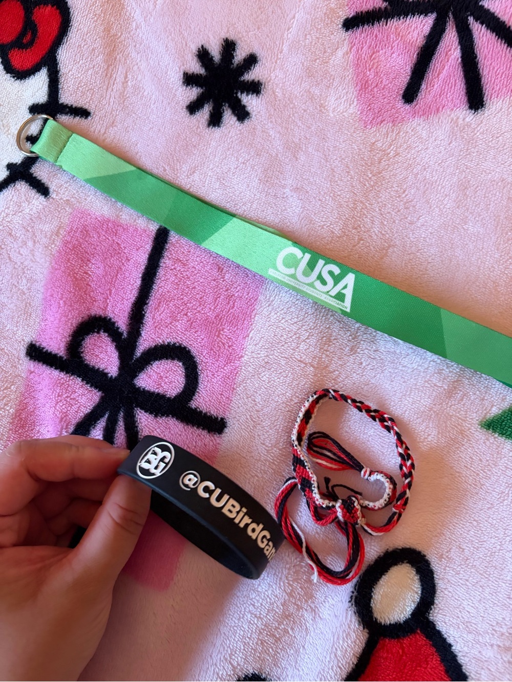 Carleton University bundle: CUSA lanyard, @CURavens bracelet, braided bracelet